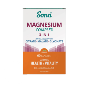 Sona Magnesium Complex provides highly bioavailable elemental Magnesium from Citrate, Malate and Glycinate in capsules for fast, gentle absorption.
